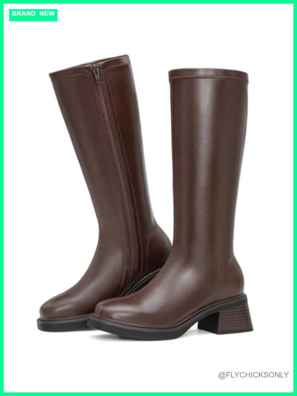 Women's Low Block Heel Knee High Boots Square Toe Faux Leather